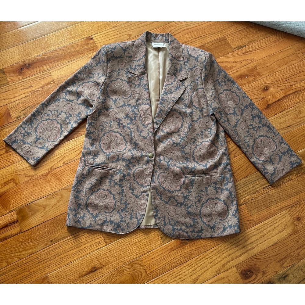 Vintage Worthington Paisley Blazer Jacket Blue Tan Wool Blend Made in USA 14